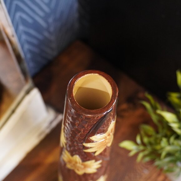 Vintage Studio Pottery Vase Brown Glazed Ceramic Vase with Embossed Flowers - Picture 4 of 12